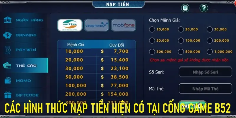 Hướng dẫn các phương thức nạp tiền tại B52